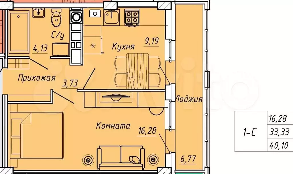 1-к. квартира, 40,1 м, 8/9 эт. - Фото 0
