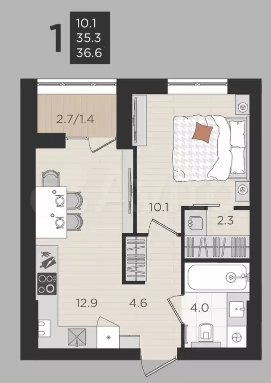 1-к. квартира, 35 м, 2/4 эт. - Фото 1