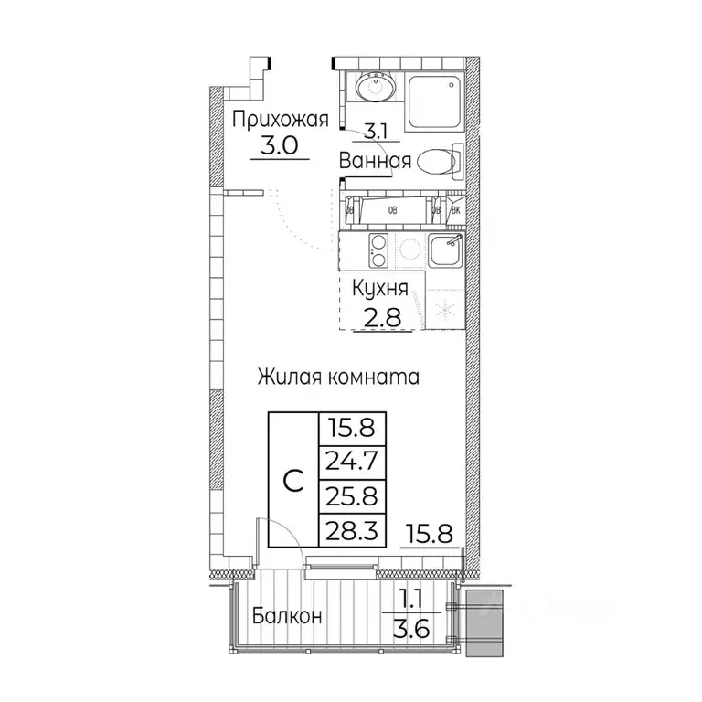 Студия Приморский край, Владивосток ул. Расула Гамзатова, 7к3 (28.3 м) - Фото 2