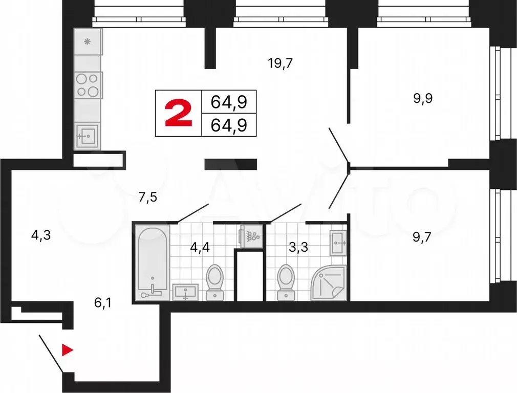 2-к. квартира, 64,9 м, 12/29 эт. - Фото 1