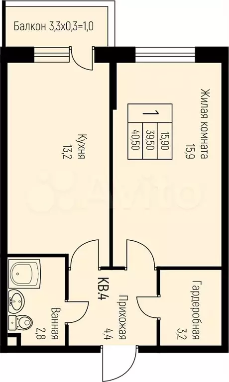 1-к. квартира, 40,5 м, 1/3 эт. - Фото 0