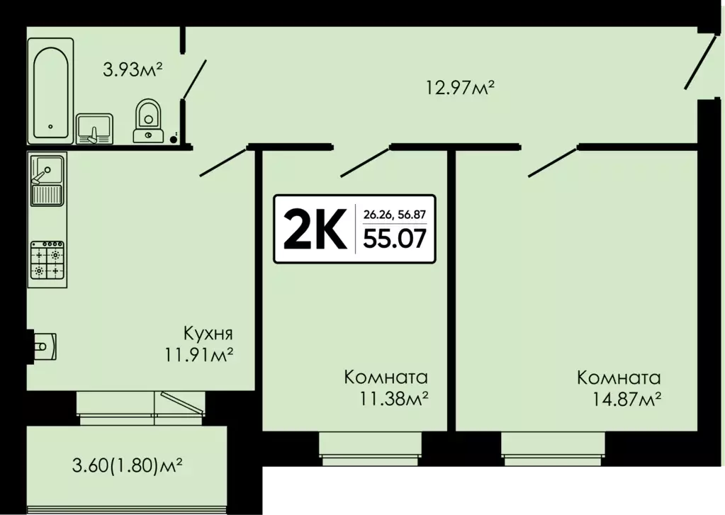 2-к квартира, 55.07 м - Фото 0