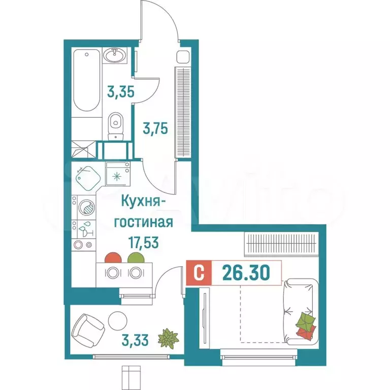 Квартира-студия, 26,3 м, 15/18 эт. - Фото 0