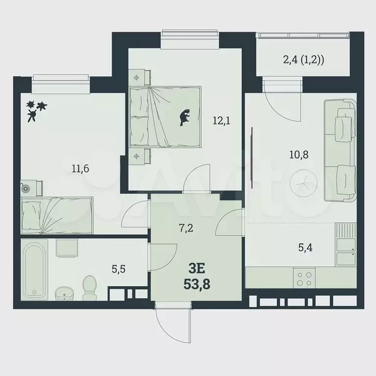 3-к. квартира, 53,8 м, 3/8 эт. - Фото 0