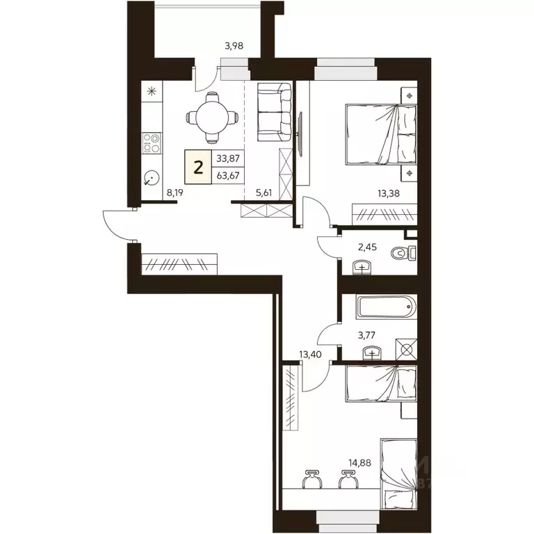 2-к кв. Башкортостан, Уфа ул. Жуковского, 19А (63.67 м) - Фото 1