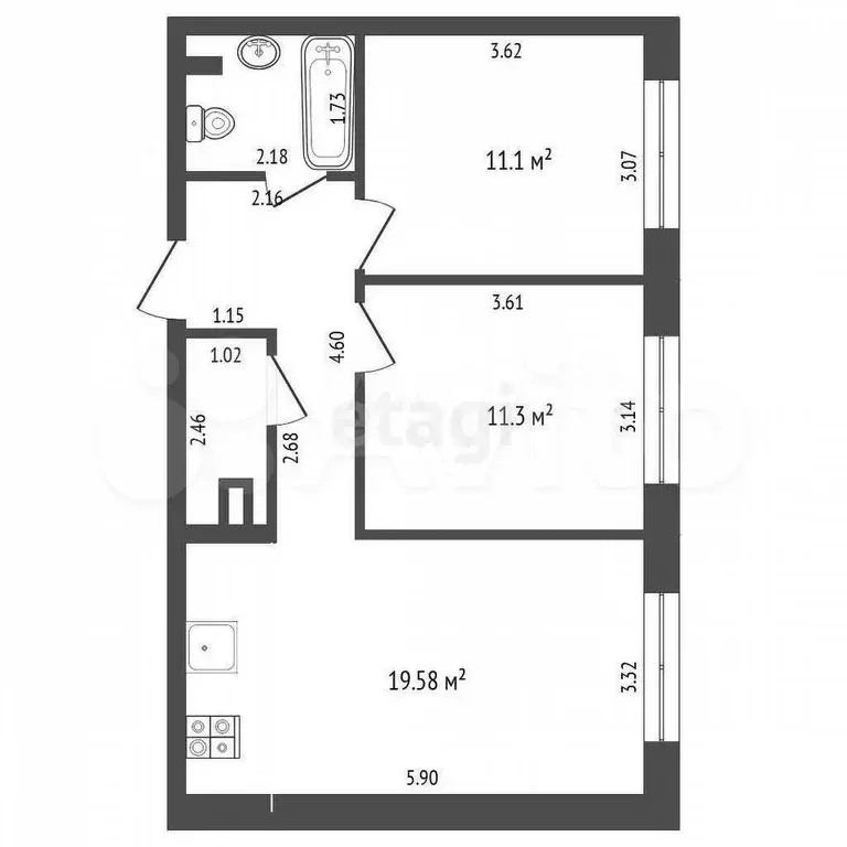 2-к. квартира, 54,9 м, 2/4 эт. - Фото 0