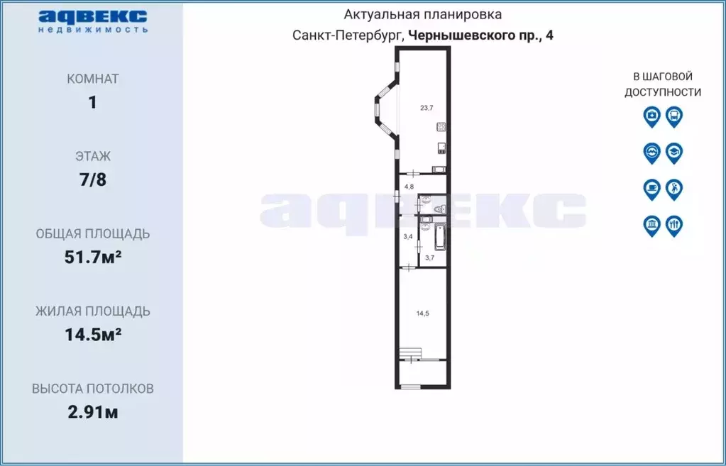 1-к кв. Санкт-Петербург просп. Чернышевского, 4 (51.7 м) - Фото 1