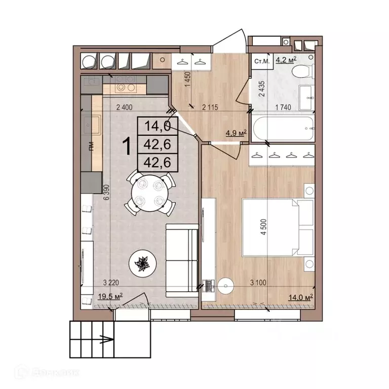 1-к кв. Рязанская область, Рязань Медицинская ул., 3 (42.6 м) - Фото 2