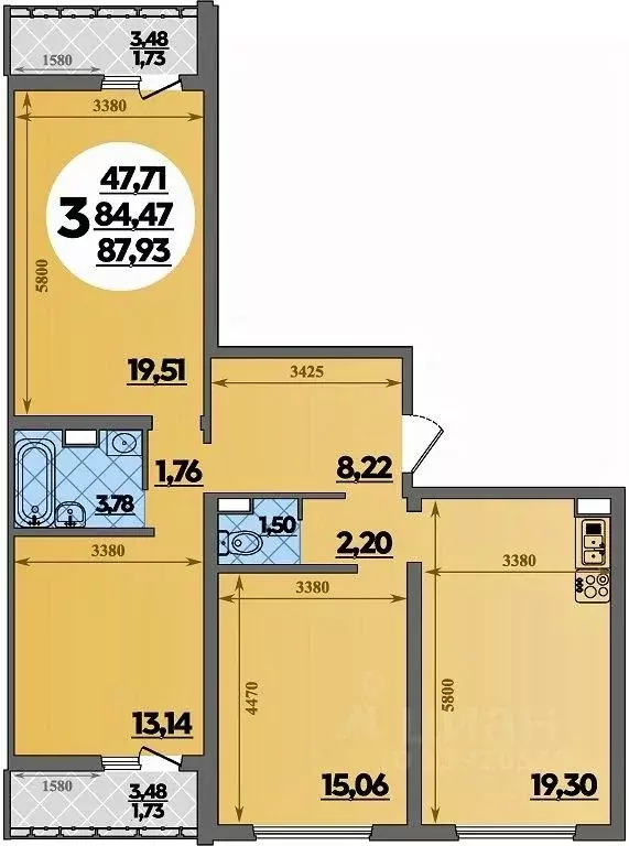 3-к кв. Адыгея, Майкоп  (87.93 м) - Фото 1