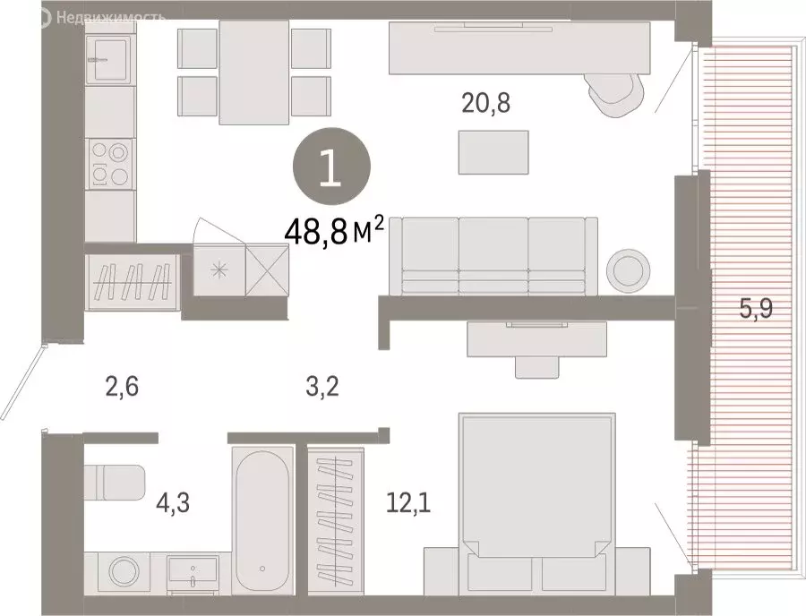 1-комнатная квартира: Тюмень, Ленинский округ (48.75 м) - Фото 1