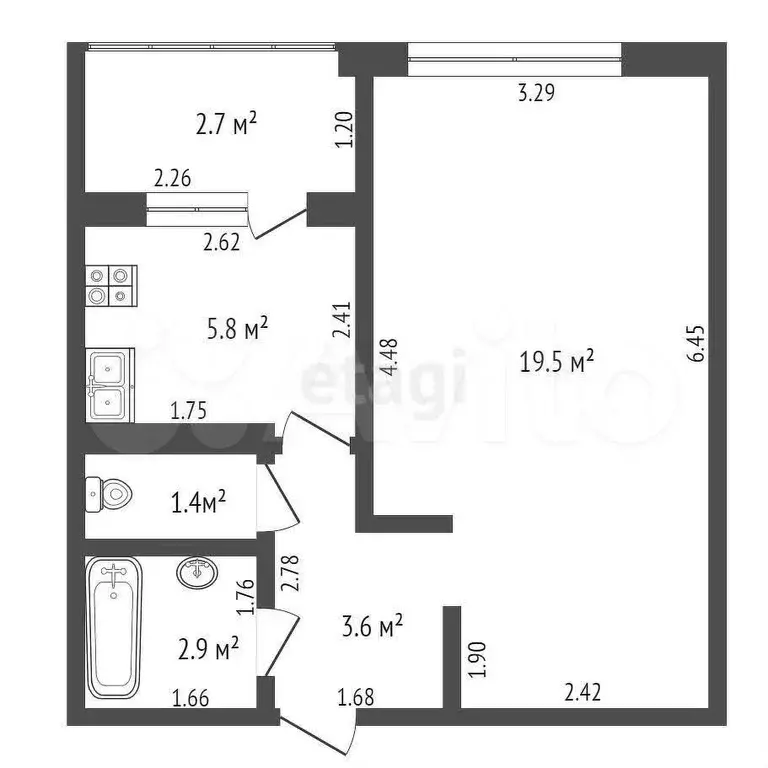 1-к. квартира, 33,2 м, 4/5 эт. - Фото 0