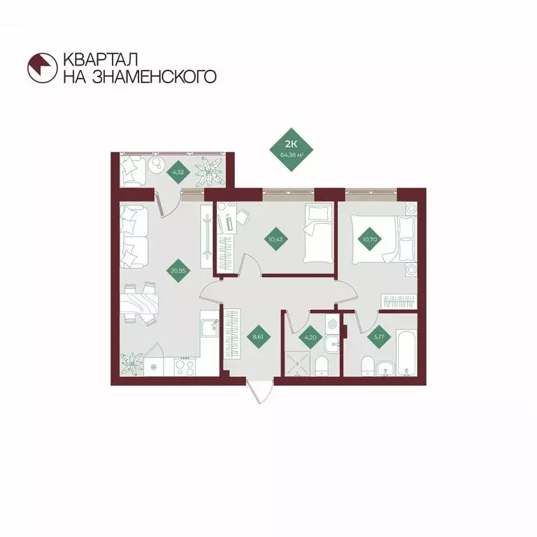 2-комнатная квартира: Тобольск, микрорайон 3Б, 6Бк2 (64.38 м) - Фото 1