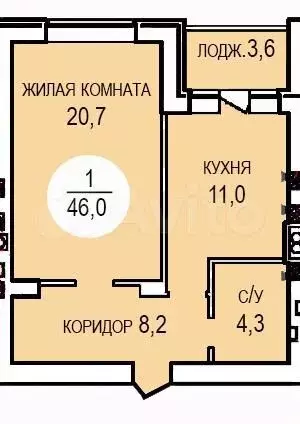 1-к. квартира, 46 м, 1/4 эт. - Фото 0
