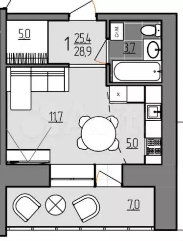 Квартира-студия, 28,9 м, 5/9 эт. - Фото 0