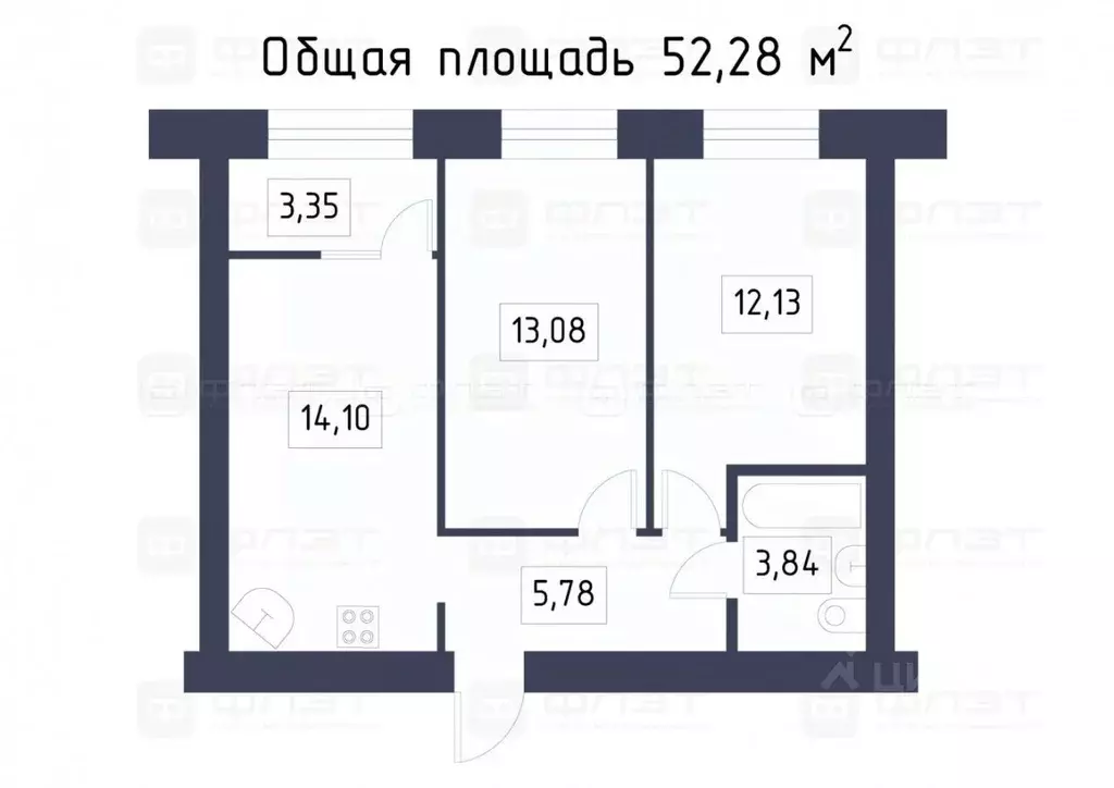 2-к кв. Татарстан, Казань ул. Азата Аббасова, 16 (52.3 м) - Фото 2