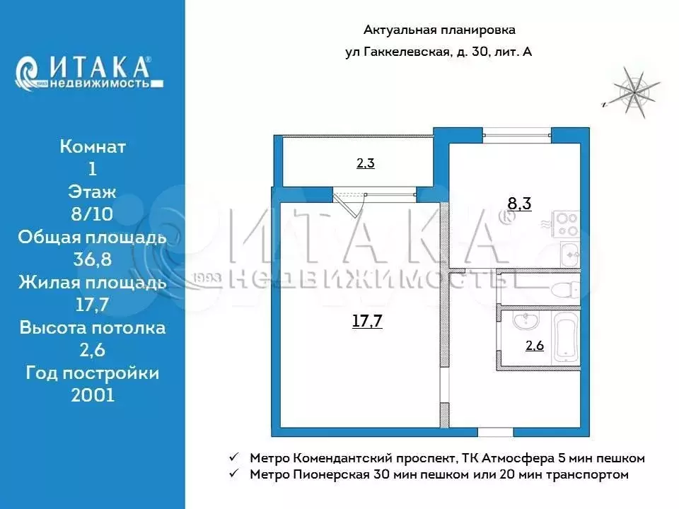 1-к. квартира, 36,8 м, 8/10 эт. - Фото 0