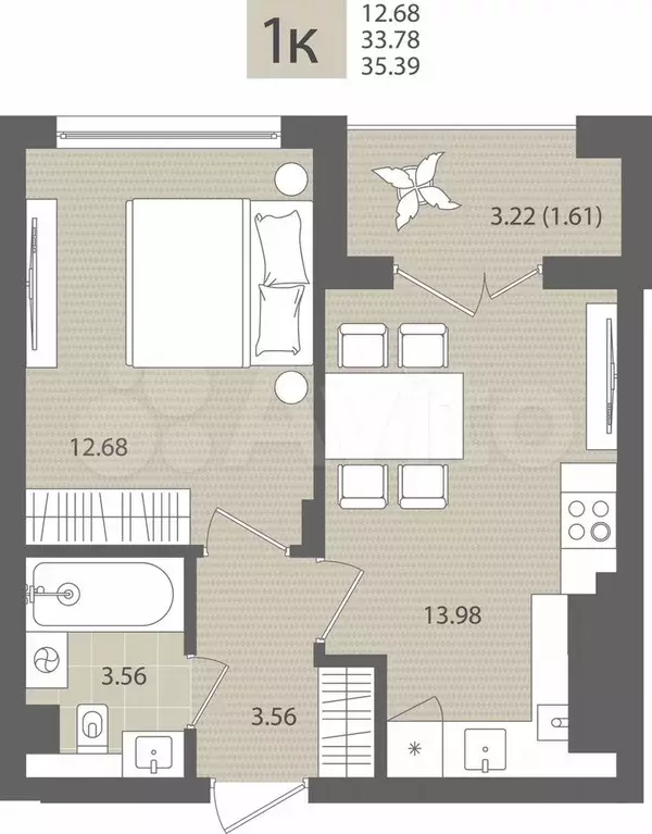 1-к. квартира, 35,4 м, 2/7 эт. - Фото 1