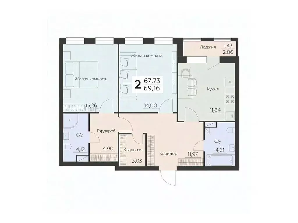 2-к кв. Воронежская область, Воронеж Ленинградская ул., 29Б (69.16 м) - Фото 0