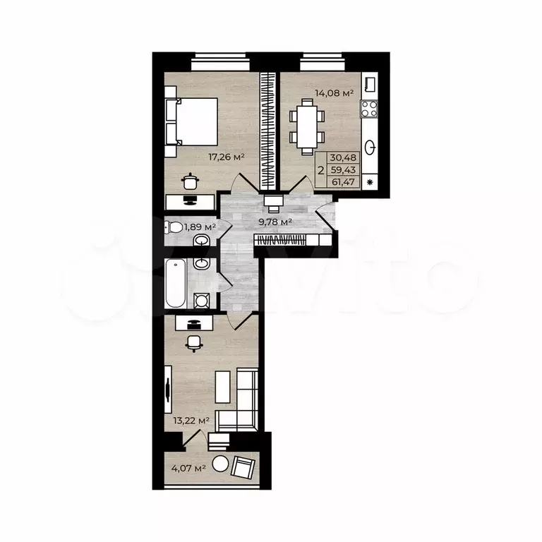 2-к. квартира, 61,5 м, 1/5 эт. - Фото 0