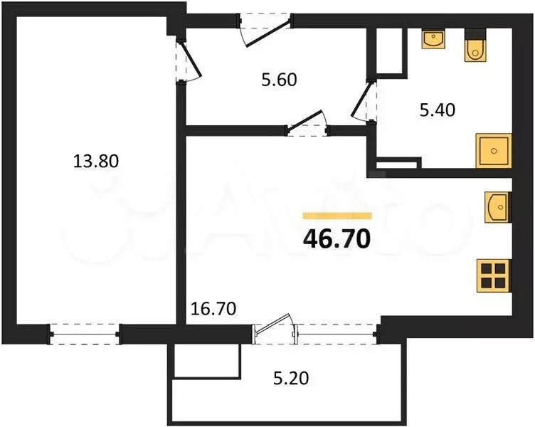 1-к. квартира, 46,7 м, 6/9 эт. - Фото 1