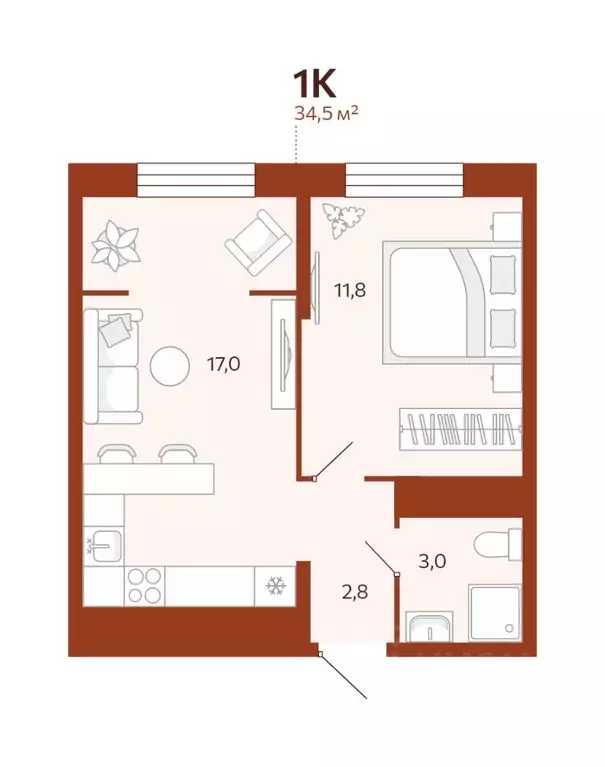 1-к кв. Тюменская область, Тюмень ул. Новаторов, 30 (34.5 м) - Фото 1