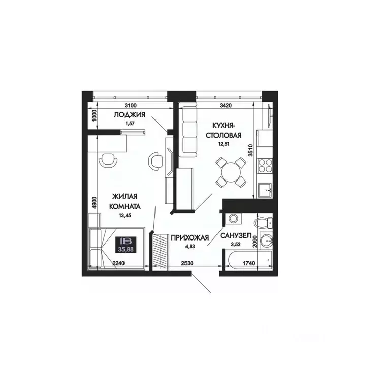 1-к кв. Адыгея, Тахтамукайский район, Яблоновский пгт  (35.88 м) - Фото 1