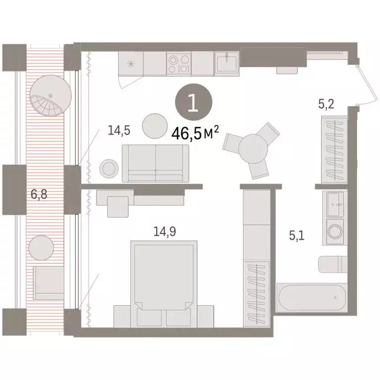 1-комнатная квартира: Тюмень, Краснооктябрьская улица, 4 (46.54 м) - Фото 1