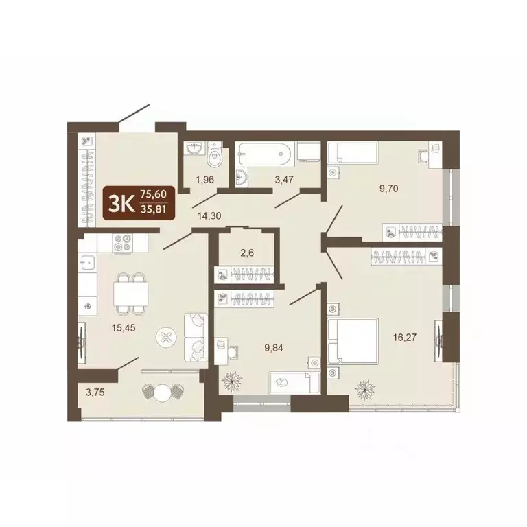 3-к кв. Кемеровская область, Кемерово 58В мкр, 1 (75.6 м) - Фото 0