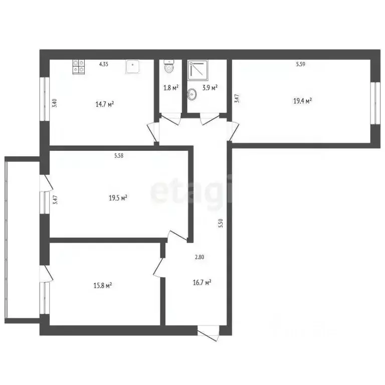 3-к кв. Тюменская область, Тюмень ул. Пермякова, 78к2 (90.6 м) - Фото 2