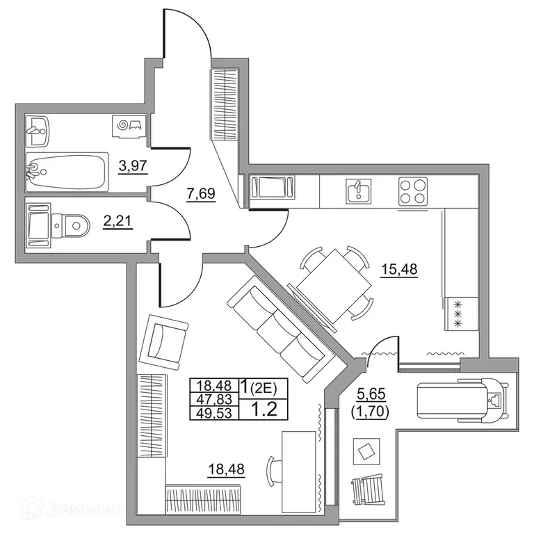 Продаётся 1-к квартира, 49.53 м - Фото 1