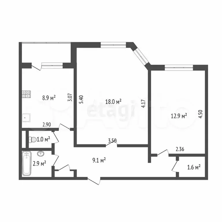 2-к. квартира, 54,7 м, 5/9 эт. - Фото 0