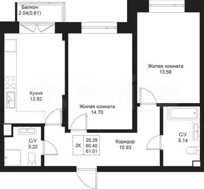 2-к. квартира, 61 м, 2/5 эт. - Фото 0