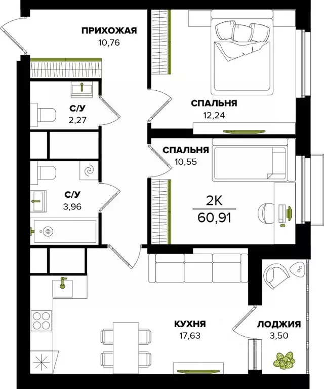 2-к кв. Тульская область, Тула  (60.91 м) - Фото 0