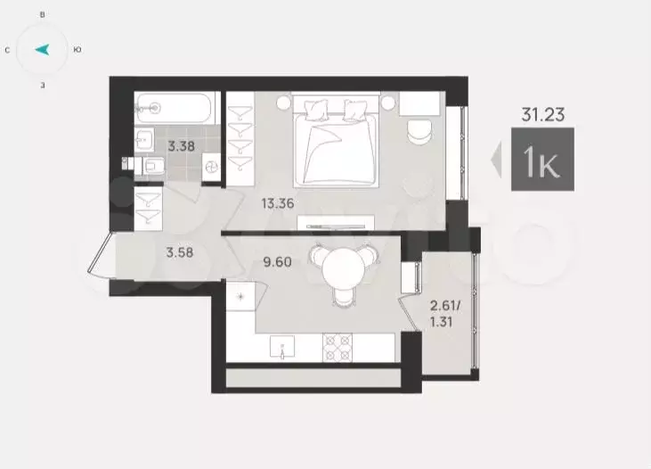 1-к. квартира, 31,2 м, 5/9 эт. - Фото 1