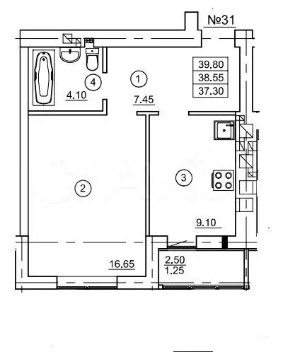 1-к. квартира, 38,6 м, 8/9 эт. - Фото 1