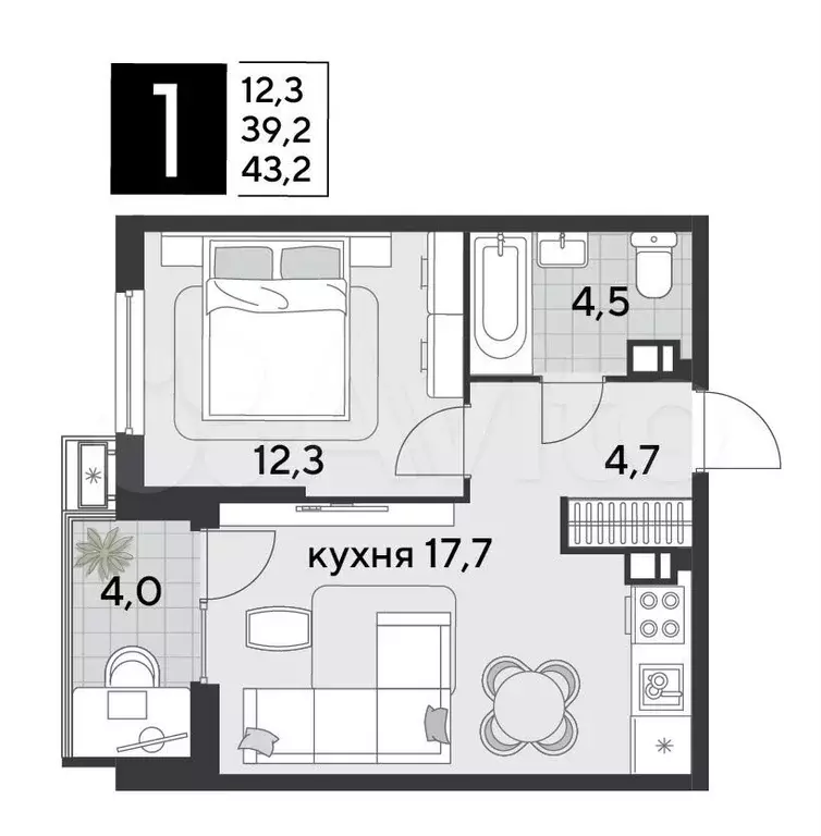 1-к. квартира, 43,2 м, 9/18 эт. - Фото 1