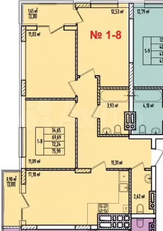 3-к. квартира, 76 м, 3/8 эт. - Фото 1