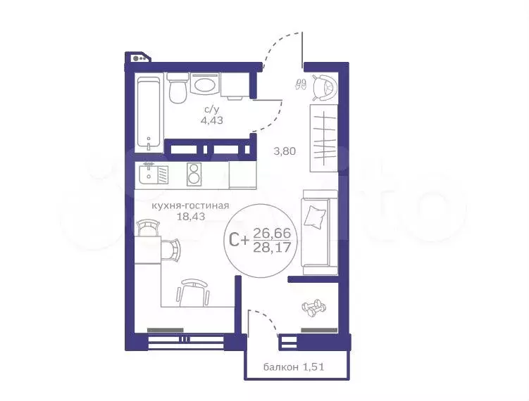 Квартира-студия, 26,6 м, 4/10 эт. - Фото 1