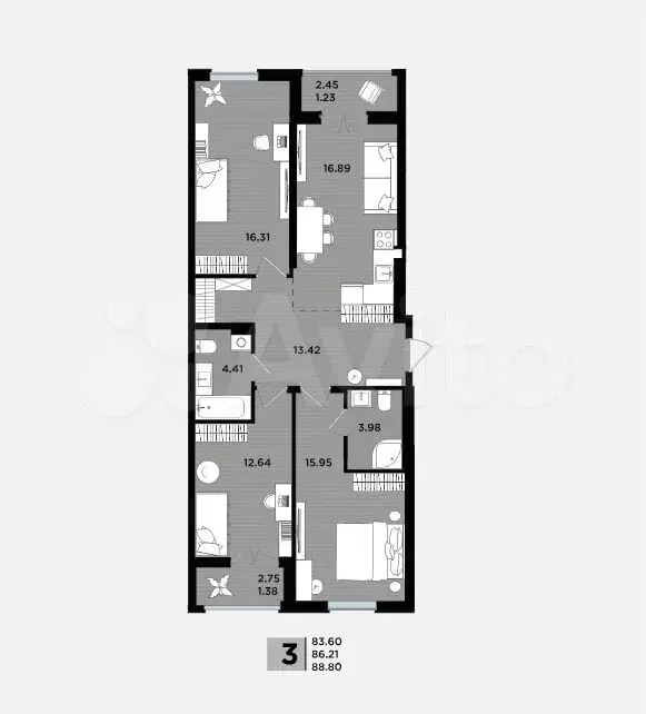3-к. квартира, 86,2 м, 1/5 эт. - Фото 1