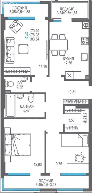 3-комнатная квартира: Алушта, улица Багликова, 27/8 (76.98 м) - Фото 1