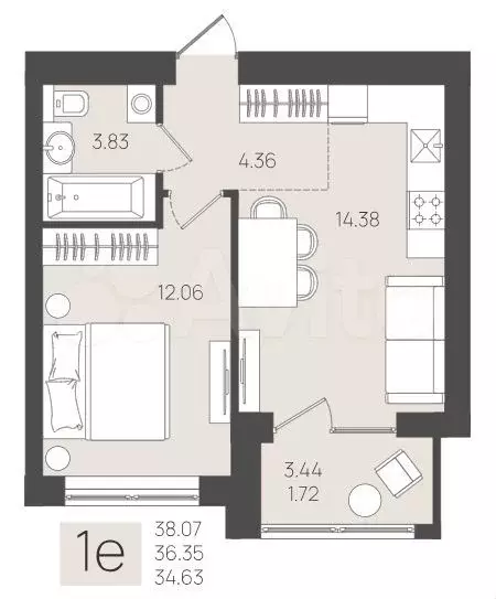 1-к. квартира, 36,4 м, 4/5 эт. - Фото 1