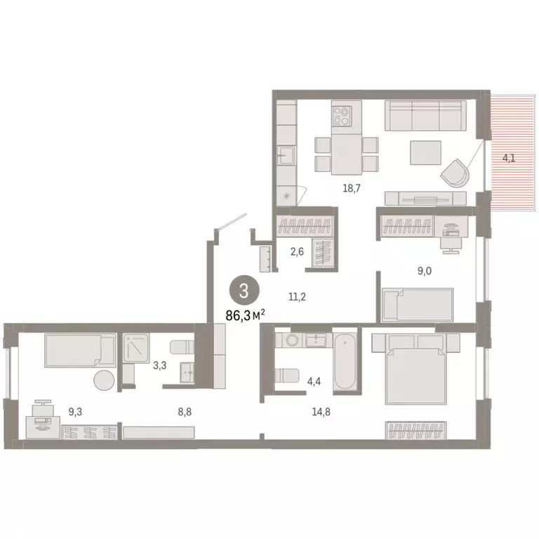 3-комнатная квартира: Омск, Кировский округ (86.29 м) - Фото 1
