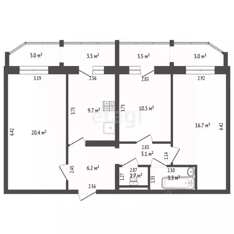 3-к кв. Тюменская область, Тюмень ул. Алексея Леонова, 34 (71.6 м) - Фото 2