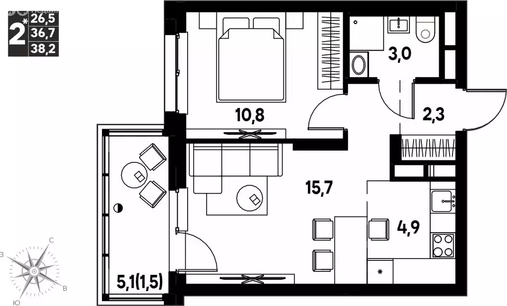 2-комнатная квартира: деревня Кондратово, проспект Дягилева, 2 (38.2 ... - Фото 1
