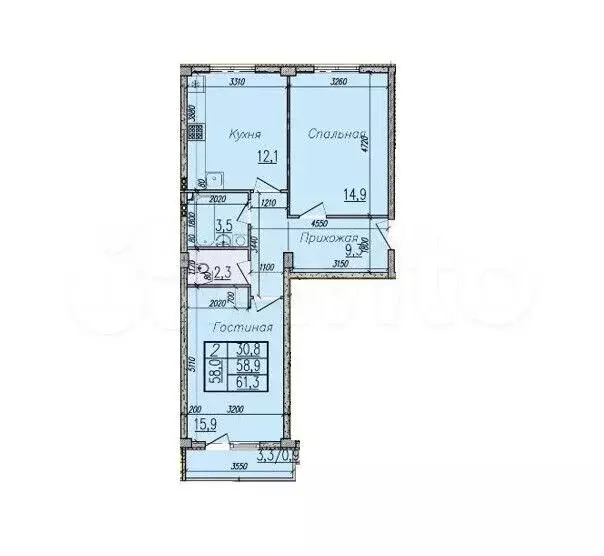 2-к. квартира, 60,6 м, 5/5 эт. - Фото 1