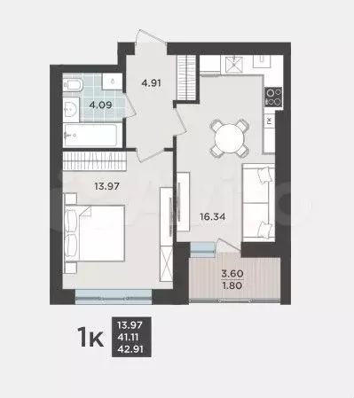 1-к. квартира, 42,9 м, 6/9 эт. - Фото 1