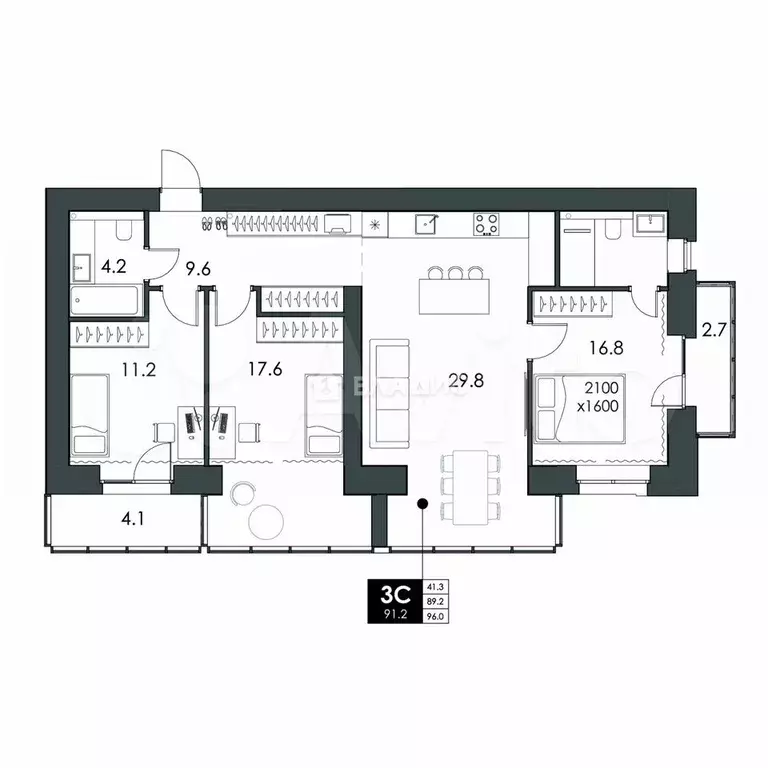 3-к. квартира, 91,2 м, 14/16 эт. - Фото 0