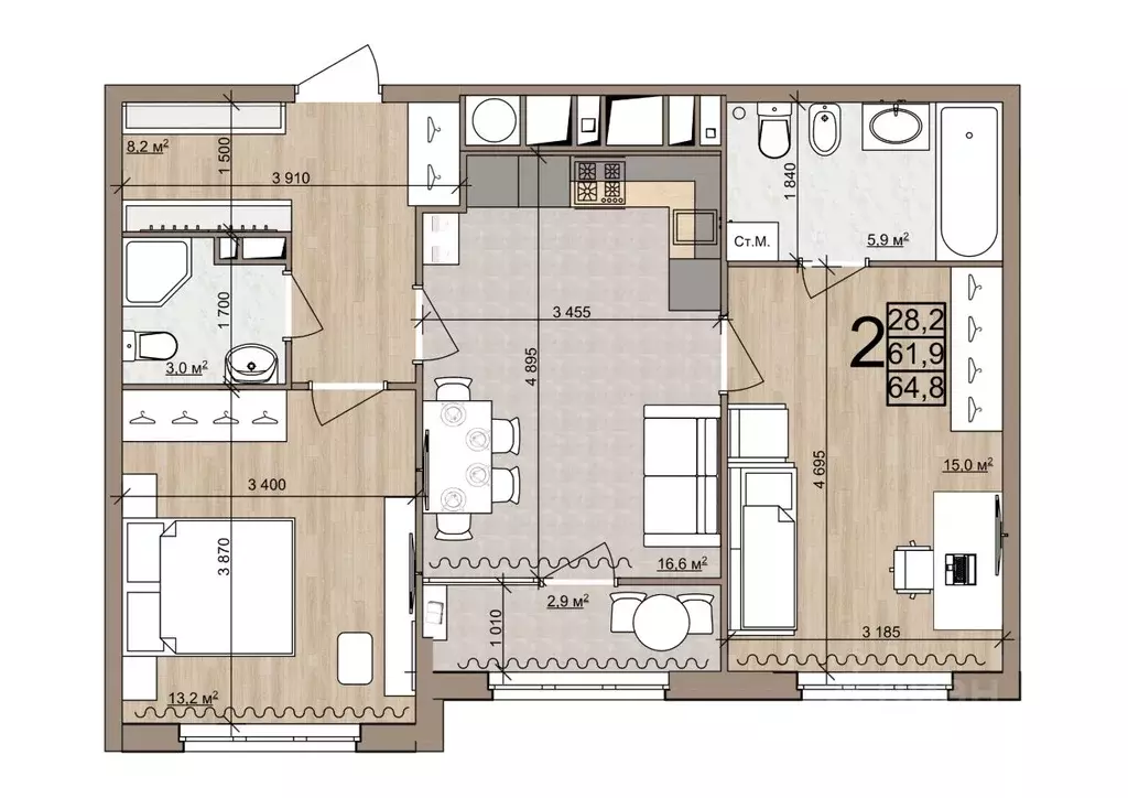 2-к кв. Рязанская область, Рязань Быстрецкая ул., 21к4 (64.8 м) - Фото 1