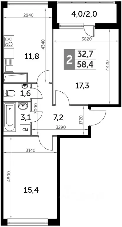 2-к кв. Московская область, Одинцово ул. Сколковская, 9Б (60.0 м) - Фото 1