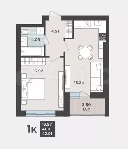 1-к. квартира, 41,1 м, 7/9 эт. - Фото 1